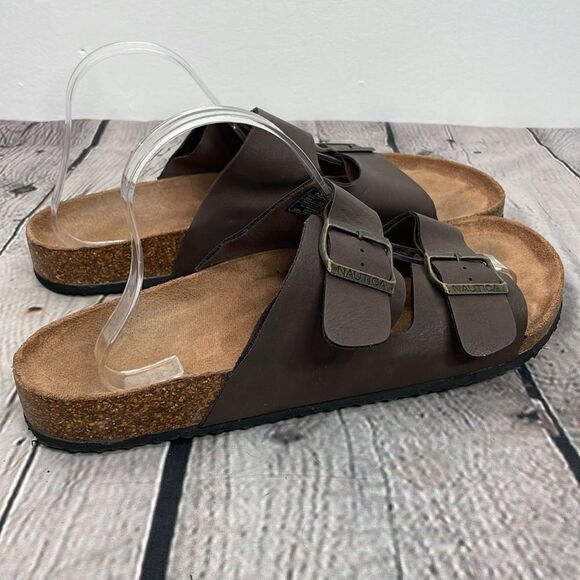 Nautica Men’s Sandals Slip on with wide two straps and buckle size 11 Brown - Picture 4 of 12